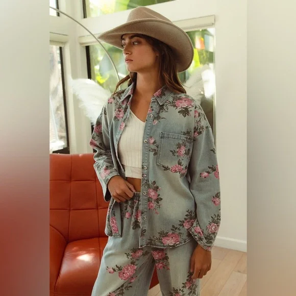 Denim floral washed button shirt elastic waist wide leg boho bohemian pant set - Picture 10 of 11